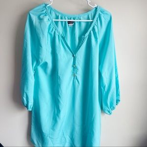 Mud Pie Aqua Blue 3/4 Sleeve Popover Blouse